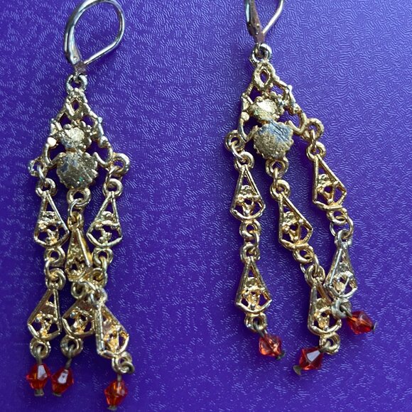 3/$12. Orange and Gold Tone Chandelier Earrings - Picture 2 of 2
